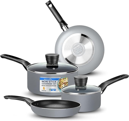 SereneLife Kitchenware Pots & Pans Basic Kitchen Cookware, Black Non-Stick Coating Inside, Heat Resistant Lacquer (6-Piece Set), One Size, Gray