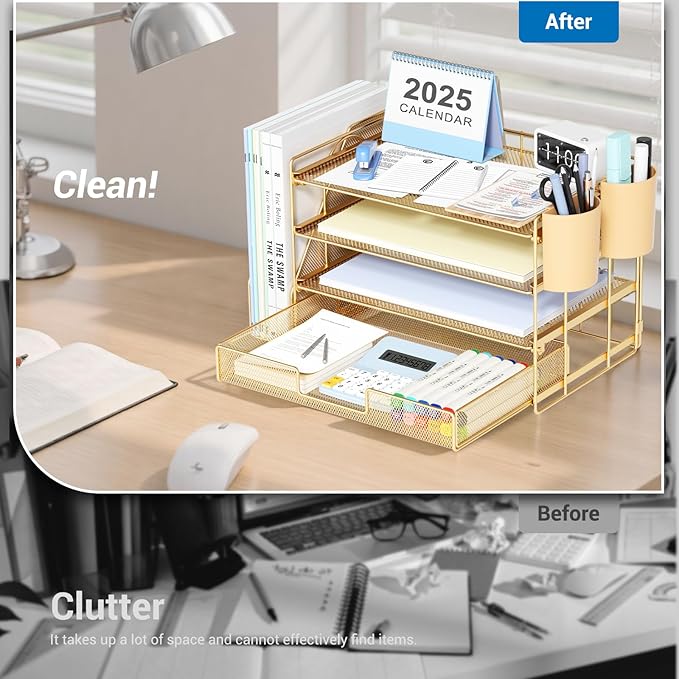 Desk Organizer and Accessories, 4-Tier Desktop File Organizer with Drawer and 2 Pen Holders, Office Desk Accessories for Office Supplies(Gold)