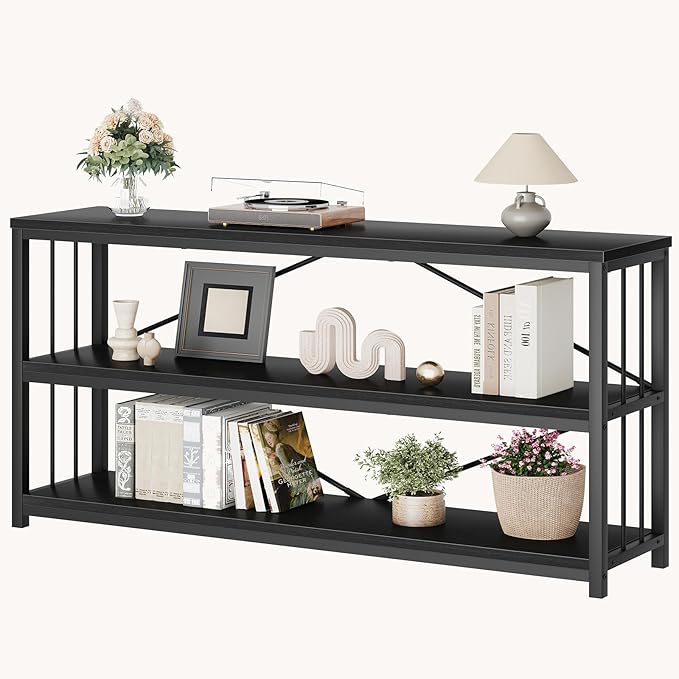 LVB Black Entryway Table, Modern Extra Long Sofa Console Table, Metal Wood Narrow Hallway Table with Storage Shelves, Industrial Skinny Foyer Couch Tables for Living Room Bedroom, Black Oak, 70 Inch