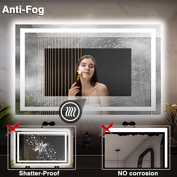 55"x36" LED Bathroom Mirrors for Wall, Front and Backlit Mirror, Anti-Fog Light up Mirror, Stepless Dimmable Lighted Mirror, 3 Colors Smart (Horizontal/Vertical)