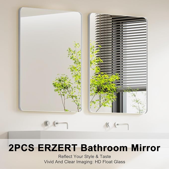 Bathroom Mirrors for Over Sink,2Pcs 24x36Inch Vanity Mirrors for Wall,Silver Metal Frame Rectangle Mirrors for Bathroom, Farmhouse,Restroom,Hangs Horizontally or Vertically