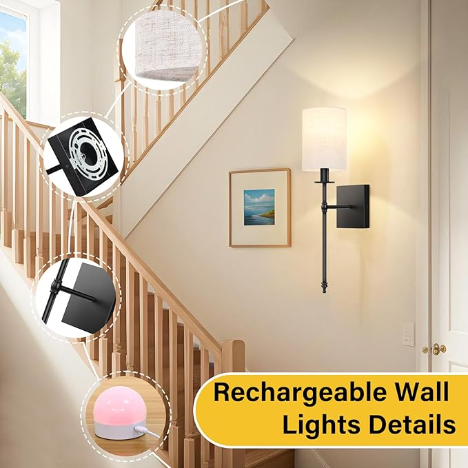 19.9 inch Battery Operated Wall Sconces Set of 2 with Remote, Rechargeable Wireless Wall Lights with Beige Fabric Shade, Indoor Not Hardwired Dimmable for Bedroom Living Room Decor