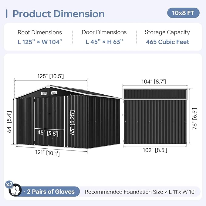 8x10 FT Outdoor Storage Shed, Utility Steel Tool Shed with Lockable Door and Air Vents, Galvanized Metal Shed for Garden Backyard Patio Lawn (8'x10', Black)