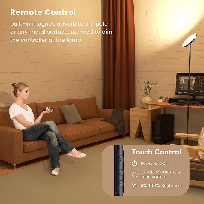 Bright Floor Lamp, 36W 3500LM Standing LED Lamp with Remote, Dimmable Torchiere Tall Lights 2700K Warm White to 6500K Cool White, Night Mode/Memory Function, for Living Room, Bedroom, Office (Black)