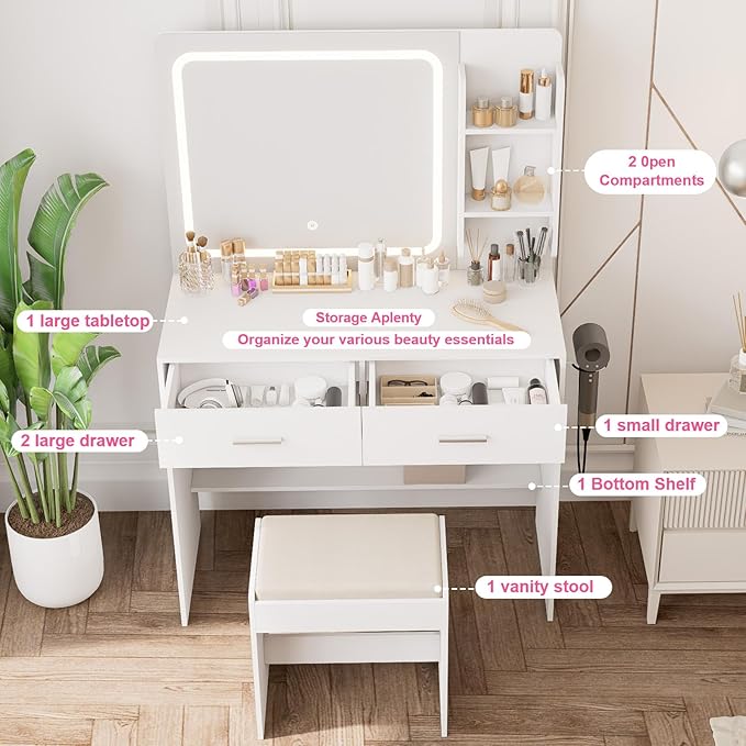Makeup Vanity with Lighted Mirror & Electrical Outlet - 2 Shelves, 2 Drawers, Bottom Storage - Comes with Upholstered Stool （White）