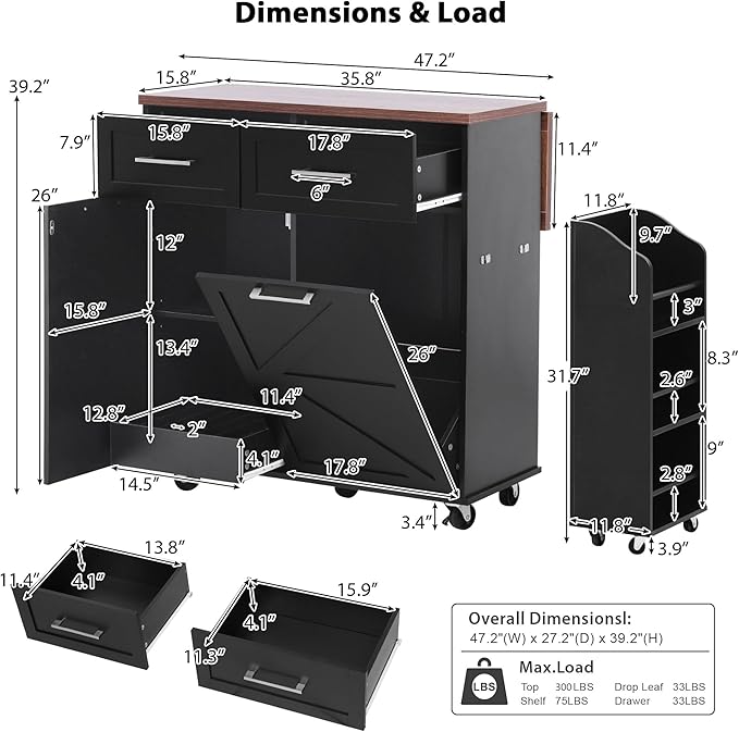 Farmhouse Kitchen Island with Drop Leaf & Wheels, 47.2" Rolling Kitchen Cart with Removable Side Racks, 2 Drawers, Towel Hooks & Trash Bin Cabinet for Small Space, Dining Room, Rustic Home Decor