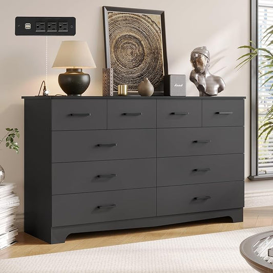DICTAC Black Dresser for Bedroom with 10 Drawers, Large Chest of Drawers Storage Organizer, Long Dresser TV Stand with Power Outlets, Wide Dressers for Bedroom, Living Room 55.1" W x 32.3" H x 15.8" D