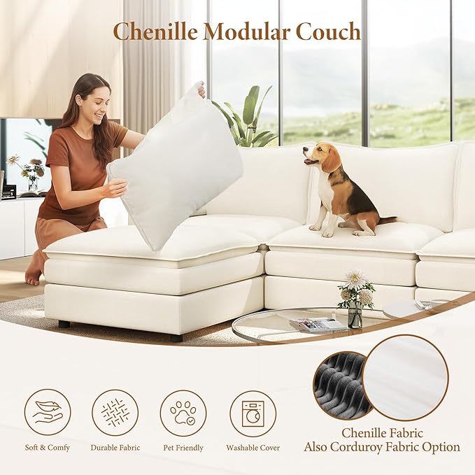 Vesgantti Large Modular Sectional Sofa, Big Comfy Cloud Couch with Ottoman Deep Seat Chenille Cloud Sofa, 9 Seater Large Sectional Couches for Living Room, Bedroom and Apartment, Snow White