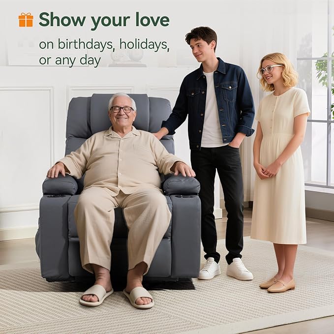 Power Lift Recliner Chair for Elderly with Heat & Massage, 160° Electric Adjustable PU Leather Recliner with Remote Control, Stand Assist, Cup Holders & Side Pockets for Living Room (Gray)