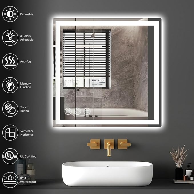 LED Bathroom Mirror 24"x 24" with Frontlit and Backlit, Anti-Fog Bathroom Vanity Mirror, Stepless 3 Colors Temperature & Dimmable Bathroom Mirror, Memory Tempered Glass Mirror for Bathroom