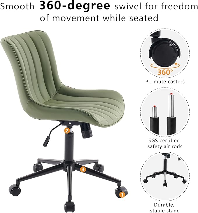 YOUNIKE Armless Home Office Desk Chair with Wheels Compact Comfy Vanity Chair with Adjustable Back Modern Small Leather Upholstered Rolling Swivel Cute Task Drafting Sewing Chair No Arms Olive Green