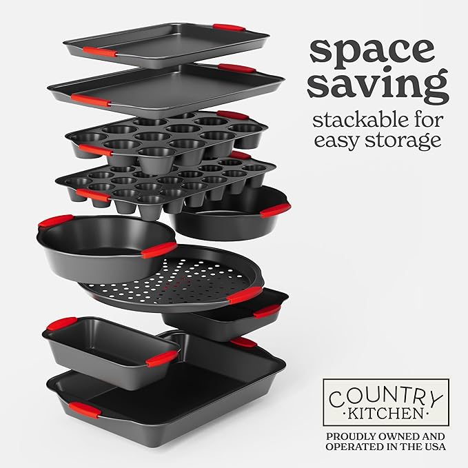 Country Kitchen Nonstick Stackable Bakeware Set - Heavy Duty, Durable, Easy Release Baking Set, Red, 10 Pcs