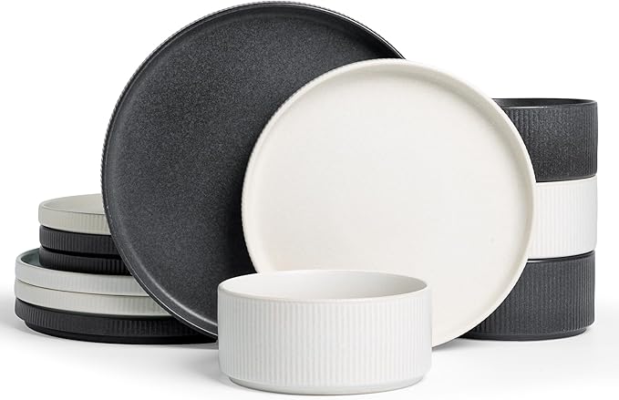 Famiware Star Dinnerware Set, Plates and Bowls Sets for 4 (12pcs), Ribbed Stoneware Dishes - Chip & Scratch Resistant, Microwave & Dishwasher Safe, Multicolor - Matte White & Matte Dark Charcoal