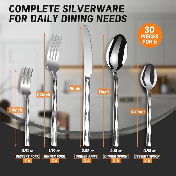 SSGP 30 Piece Flatware Set for 6, 18/10 Stainless Steel Silverware Set, Mirror Finish, Heavy-Duty, Dishwasher Safe, Elegant & Durable, Modern Design Cutlery Set for Home Home/Hotel/Wedding
