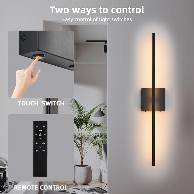 Battery Operated Wall Sconces set of 2, 16000mAh Black Rechargeable Wall Sconce with Remote Control, 3000K-6000K Dimmable LED Wireless Wall Light for Living Room, Hallway, Bedroom, Stairs, 29 Inchs