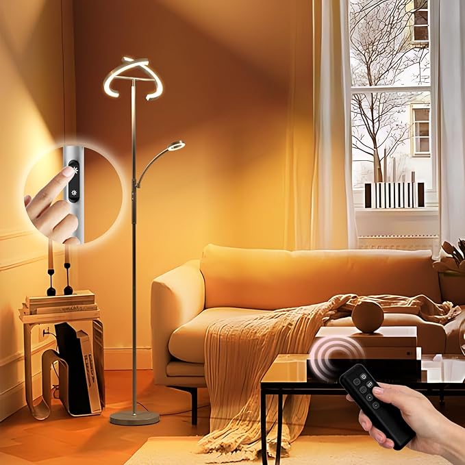FIMEI Split Floor Lamp Modern LED Rotatable Floor Lamp with Reading Light, Eye-Protection Reading Standing Lamp with Stepless Dimming and 3000K-6000K Color, Separately Rotatable Design, Gray