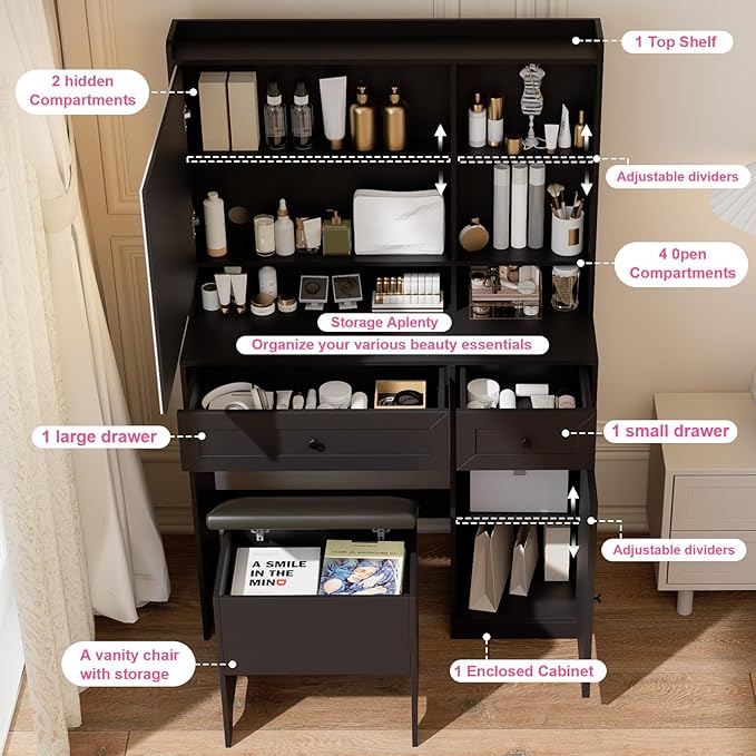 Vanity Table with Hidden Storage & LED Mirror - Includes Padded Stool, 5 Compartments, 2 Drawers & 1 Storage Cabinet - Ideal Bedroom Makeup Dressing Table Black