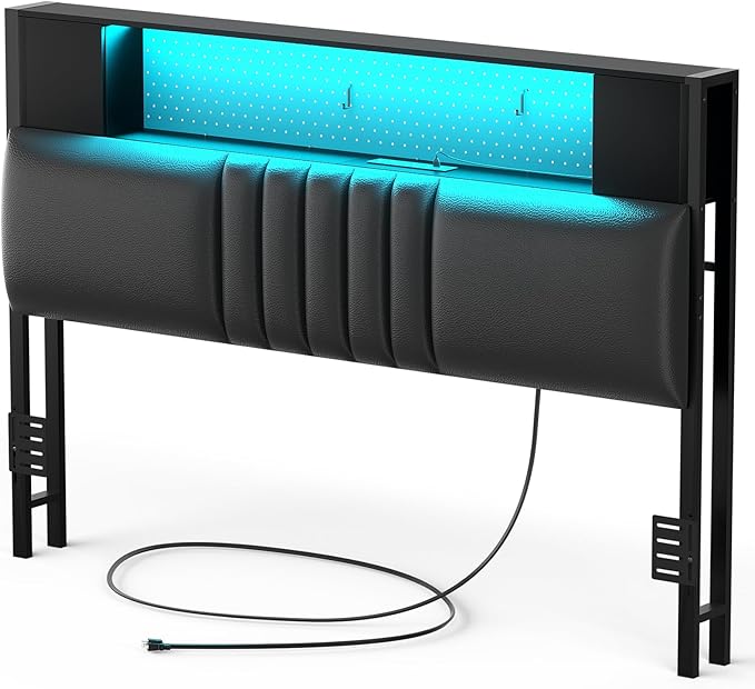 Unikito Headboard for Full Size Bed with Storage and Cabinet, Black Upholstered Headboards with Outlets, USB Ports, and DIY Color of LED Light, Full Head Board Only, Comfortable Headboard, Black