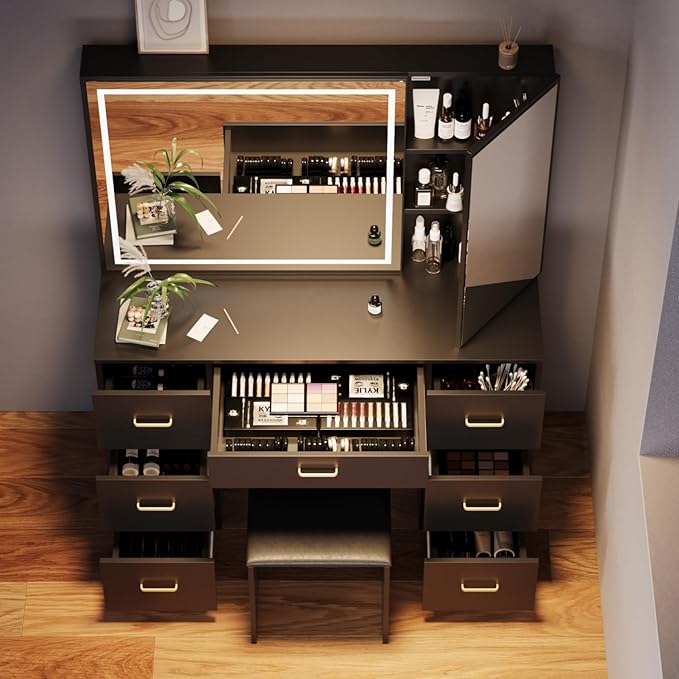 Makeup Vanity Desk with Large Mirror and LED Lights,Vanity Stool&Storage Bench,White Vanity with Hidden Storage Mirror Cabinet&7 Drawers,Makeup Organizer Countertop for Room (Black)