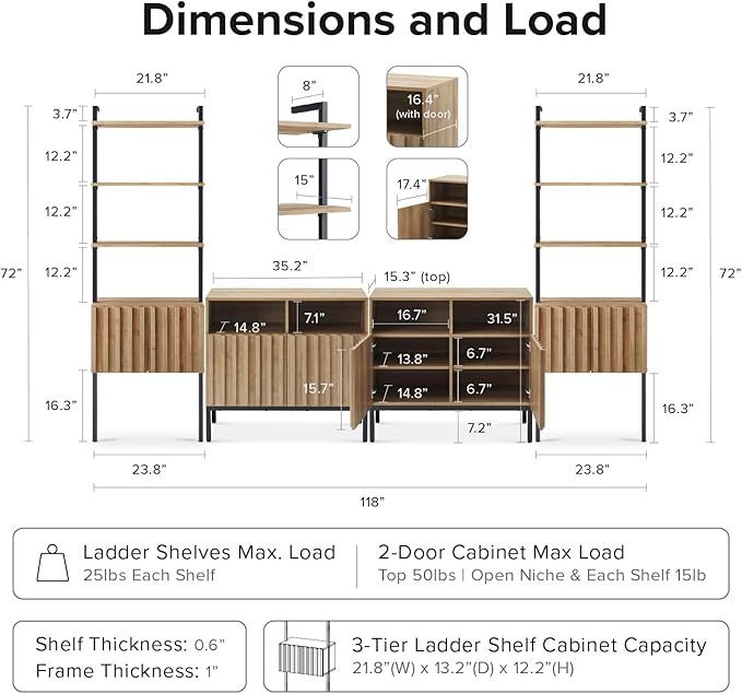 mopio Norwin 4 Piece Entertainment Center with Storage, 70" TV Stand, Industrial Modern Television Accent Cabinet, Wood Media Console Table with 3-Tier Shelf Bookcase (Oak 3-Tier Set TV Stand)