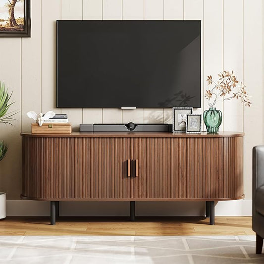 55" TV Stand with Power Outlet for TVs up to 60 Inch, Entertainment Center with Storage and Adjustable Shelves, Modern Media Console with Sliding Doors for Living Room, Walnut