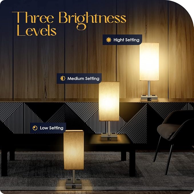 Bedside Lamp with USB Ports - Touch Control Table Lamp for Bedroom with USB C+A Charging Ports & AC Outlets, 3 Way Dimmable Nightstand Light for Living Room (LED Bulb Included, Chrome - Flaxen)