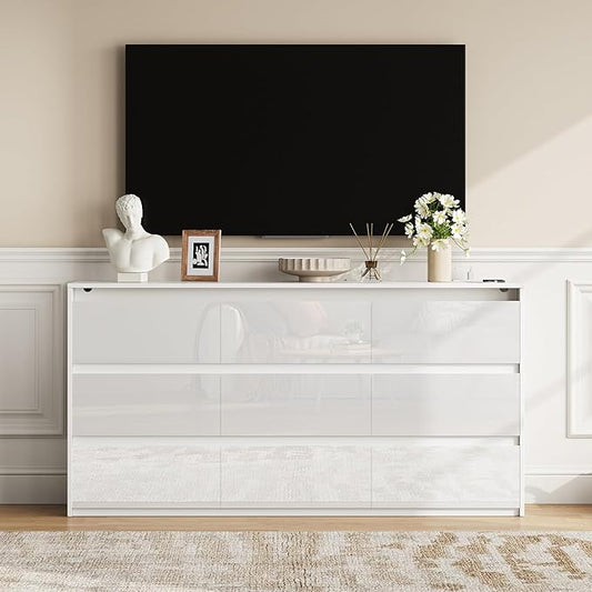 White TV Stand for Bedroom, Storage Cabinet with 9 Drawers Modern Large High Gloss Cabinet for Living Room Office (63" W)