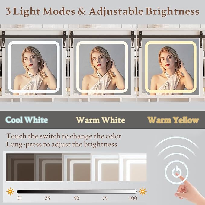 Makeup Vanity Desk with Sliding Mirror and Lights, Farmhouse Vanity Table Set with Power Outlet & RGB Cabinet, Dressing Table with Storage Drawers & Shelves for Kids Girls Women Bedroom, White