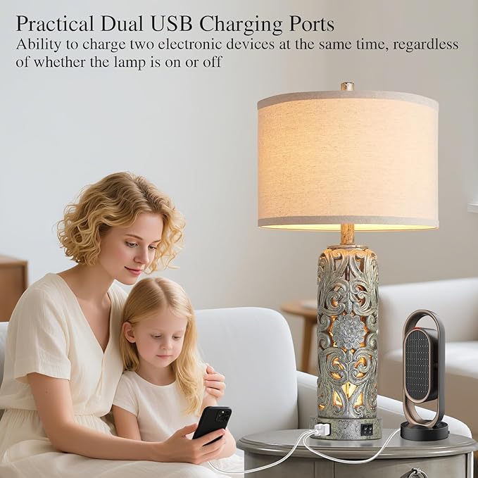 25'' Set of 2 Industrial Table Lamps for Living Room with Dual USB Ports, Vintage Resin Nightstand Lamp for Bedroom with Nightlight, Antique Rustic Desk Lamp for Entryway, 2 Bulbs Included