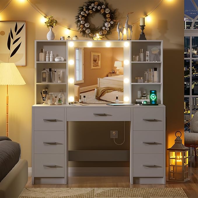 Makeup Vanity Desk with Mirror,10 Lights and Power Strip,Large Makeup Vanity with Shelves and 7 Drawers, Vanity Desk Dressing Table with 3 Color Adjustable Light,Vanity Table (White)