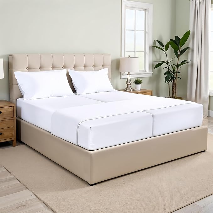 XOOX Linen Split King Sheets Sets for Adjustable Bed - 100% Cotton 500 Thread Count Split Head King Sheets (5 PC, White), Soft, Cooling Sateen Weave Sleep Number Deep Pocket Bed Sheet Set