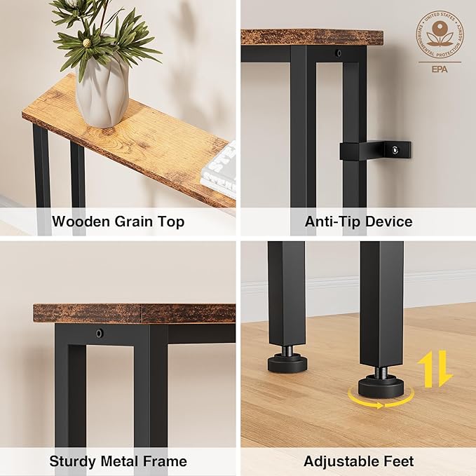 70" Narrow Console Sofa Table - 2 Power Outlets & 4 USB Ports, Metal Frame, Rustic Brown, Perfect for Hallway, Office, and Behind Sofa - Easy Assembly, 4.9' Extension Cord Included