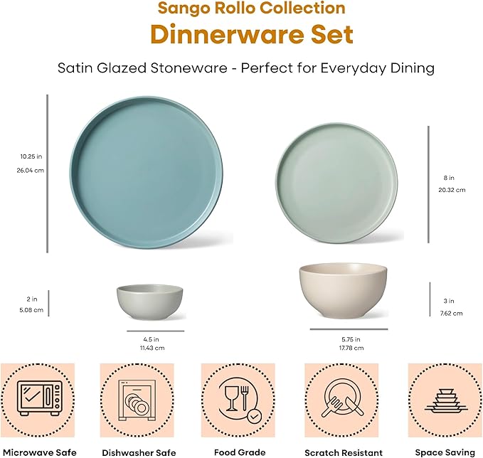 Sango Rollo 16-Piece Artist's Blend Casual Stoneware Dinnerware Set- Service for 4, Includes Larger & Smaller Bowls, Microwave & Dishwasher Safe, for Everyday Dining & Entertainment