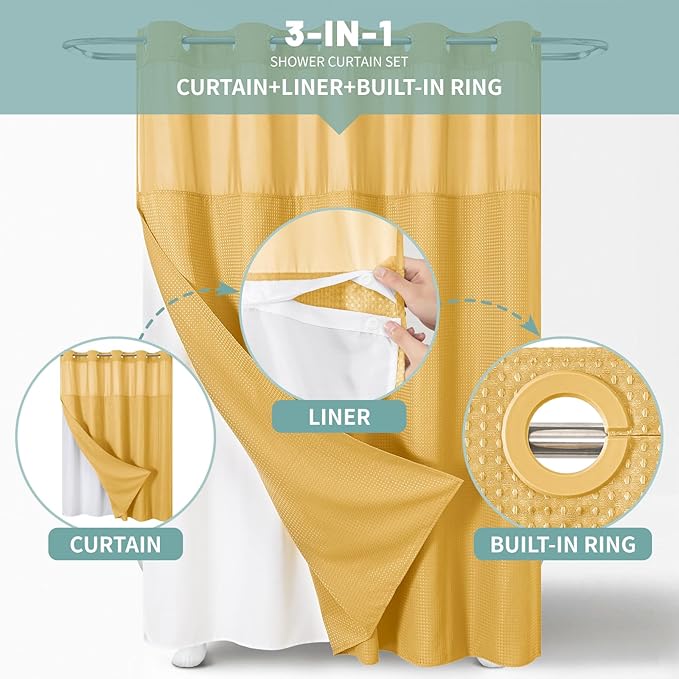 Gold No Hook Waffle Weave Shower Curtain with snap-in Liner Replacement, 230GSM Waterproof Fabric Hotel Shower Curtain Set for Bathroom, Through Mesh Top Window,71Wx77H