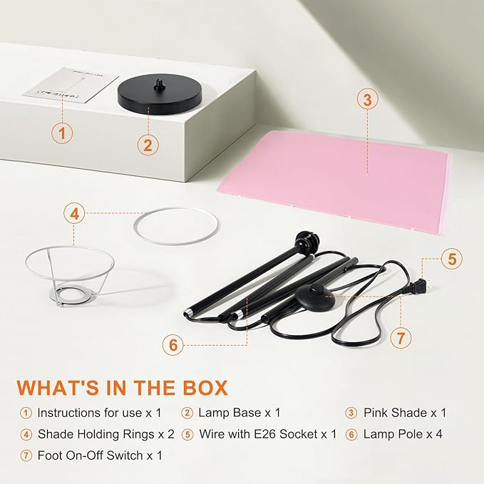 FRIDEKO HOME Floor Lamp with Pink Shade, Simple Design with Foot Pedal Switch, Small Tall Lamps for Living Room Bedroom Office, Corner Floor Stand Light with Black Pole Lamp (No Bulb/No Remote)