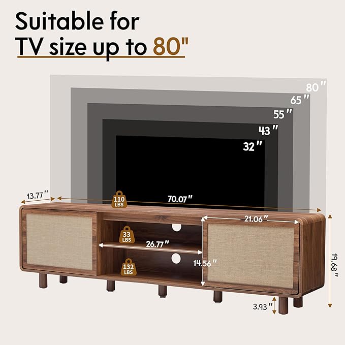 AVZEAR 70'' Mid Century Modern TV Stand for TVs up to 80 Inch, Large Entertainment Center with Storage & Nature Linen Door, Curved Edge TV Console Table Media Console for Living Room Bedroom (Walnut)