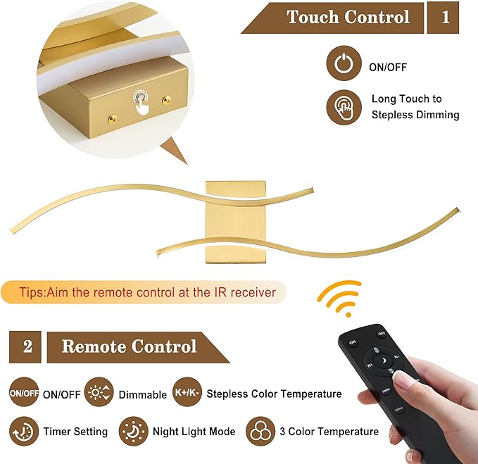 Battery Operated Wall Sconces Set of Two with Remote Control, Stepless Colors 3000K-6000K & Dimming, LED Brass Wireless Wall Light for Living Room, Hallway, Bedroom, 31.5 Inch (2 Pack)