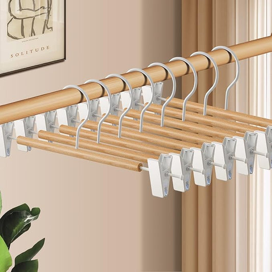 Wooden Pants Hangers with Clips 10 Pack Adjustable Wood Skirt Hangers for Women&Men Space Saving Closet Non Slip Clothes Hanger for Jeans,Trousers,Short,12Inch Natural