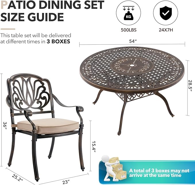 5 Piece Outdoor Dining Set Cast Aluminum, Retro Patio Dining Furniture Set for 4 Includes 54’’ Round Table 4 Chairs with Thicker Cushion and Umbrella Hole for Patio Deck Garden