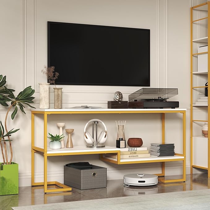 TV Stand for TV up to 60 Inch, TV Console Table with Open Storage Shelves, Industrial Media Entertainment Center for Living Room, Bedroom, Gold and White