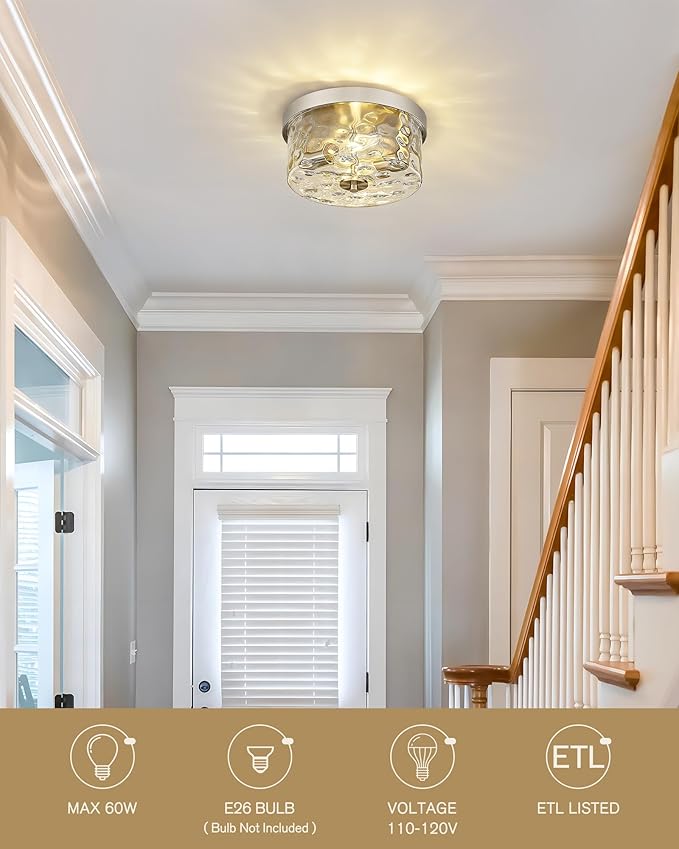 Emak Brushed Nickel Flush Mount Ceiling Light Fixture, Modern 11 inch Hallway Light Fixtures with Hammered Glass Shade, 2-Light Ceiling Lights for Bedroom, Bathroom, Hallway, Kitchen, FM082-BN-HG