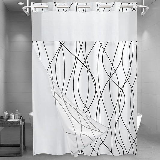 No Hook Black and White Striped Long Shower Curtain with Snap in Liner Set - Hotel Shower Curtain and Liner Set with See Through Mesh Top Window,Machine Washable, 71x86 INCH