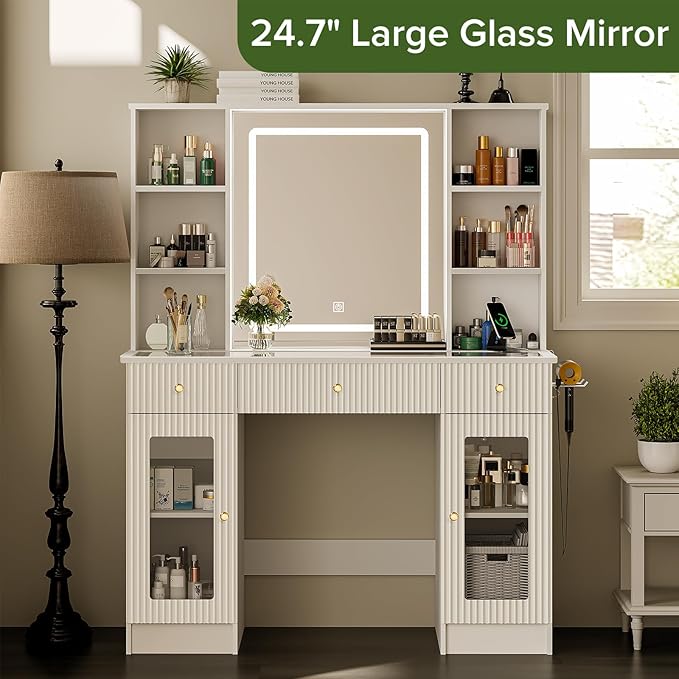 Vanity Desk with Mirror and Lights, Modern Makeup Vanity with Glass Top, Fluted Dressing Table Vanity Set with 3 Drawers, 4 Open Shelves, and Storage Cabinets for Bedroom, 3 Color Modes