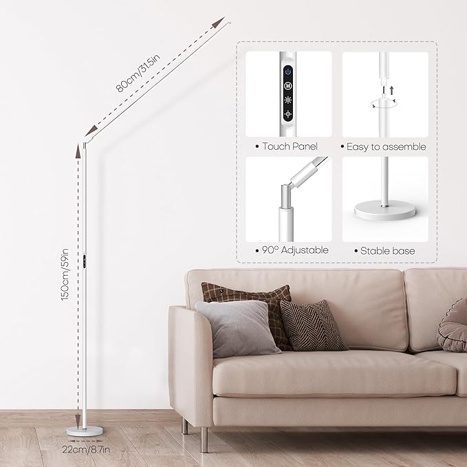 LED Reading Floor Lamp, White Standing Lamp with Touch Control Dimmable 5 Color Temperature, Eye-Caring Bright Floor Reading Light for Bedroom Office