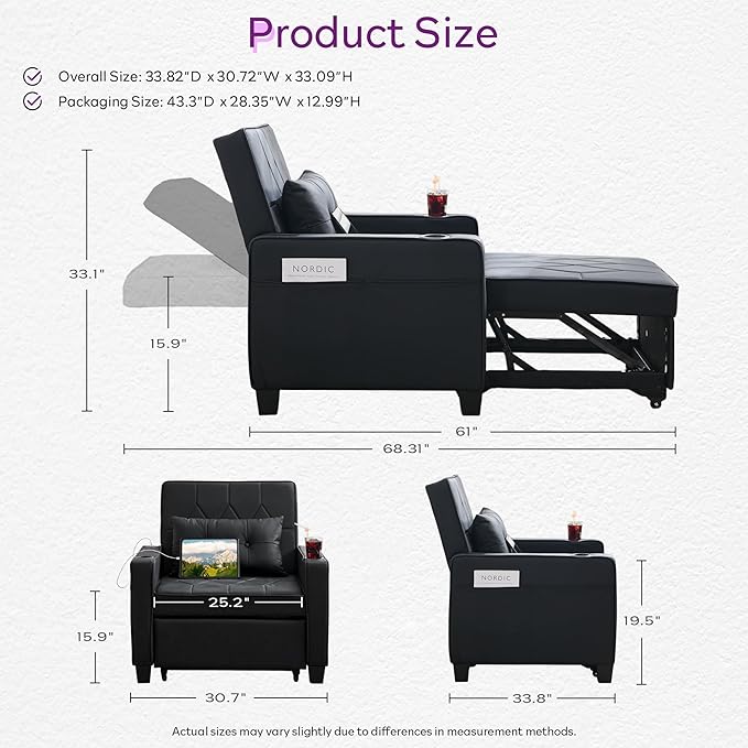 TYBOATLE Leather Convertible Sleeper Chair Bed for Adults, 3-in-1 Pull Out Sofa Chair Bed with USB/Type-C Ports, Cup Holders, Side Pockets, Single Sofa for Living Room, Bedroom, Office (Black)