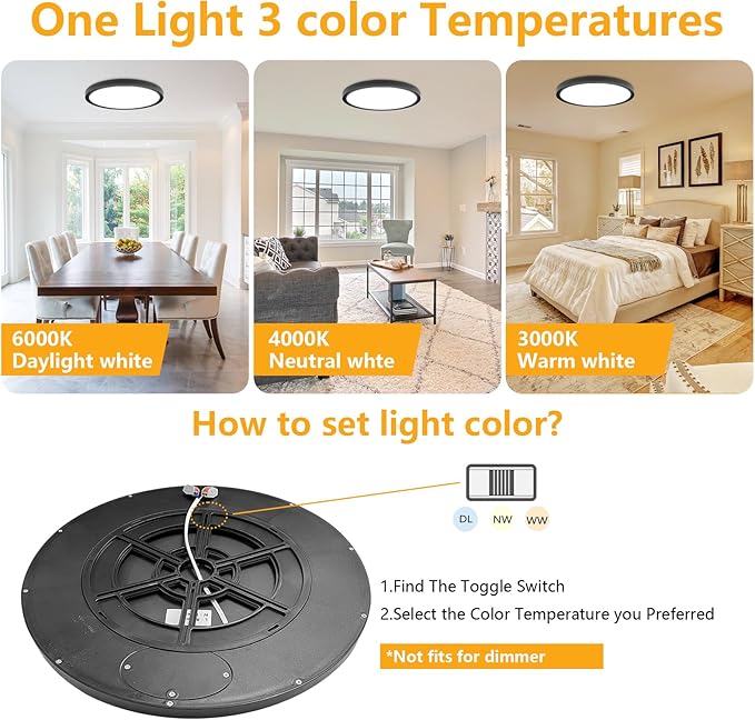 Led Flush Mount Ceiling Light,20 Inch 40w 4350lm,3000k/4000k/6000k 3CCT Selectable, Round Modern Flat Panel Super Slim Led Ceiling Light,for Living Dining Kitchen Bedroom Room(1Pack-Black)