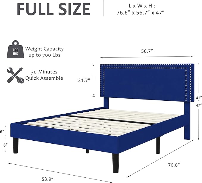 VECELO Full Size Bed Frame with Adjustable Upholstered Headboard, Wooden Slats Platform, Noise-Free Design, Easy Assembly
