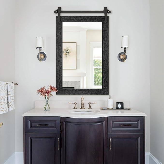 Farmhouse Bathroom Mirrors 26”x40” Black Rustic Wall Decor Mirror for Vanity Barn Door Style Wall Mirror for Entryway Living Room