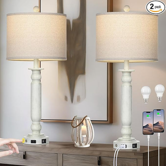 28.5" Farmhouse Table Lamps Set of 2 with USB C+A Ports & AC Outlet for Vintage Living Room Retro Bedroom,3-Way Dimmable Touch Lamp Resin Bedside Lamps for Nightstand Side End Table,White-2