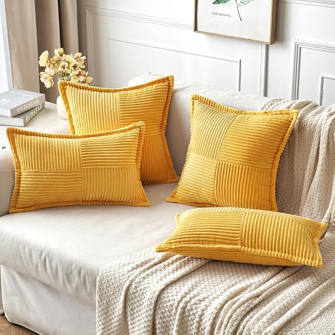 MIULEE Golden Yellow Corduroy Pillow Covers 16x16 Inch with Splicing Set of 2 Soft Boho Striped Pillow Covers Broadside Decorative Textured Summer Pillowcases for Couch Cushion Bed Livingroom